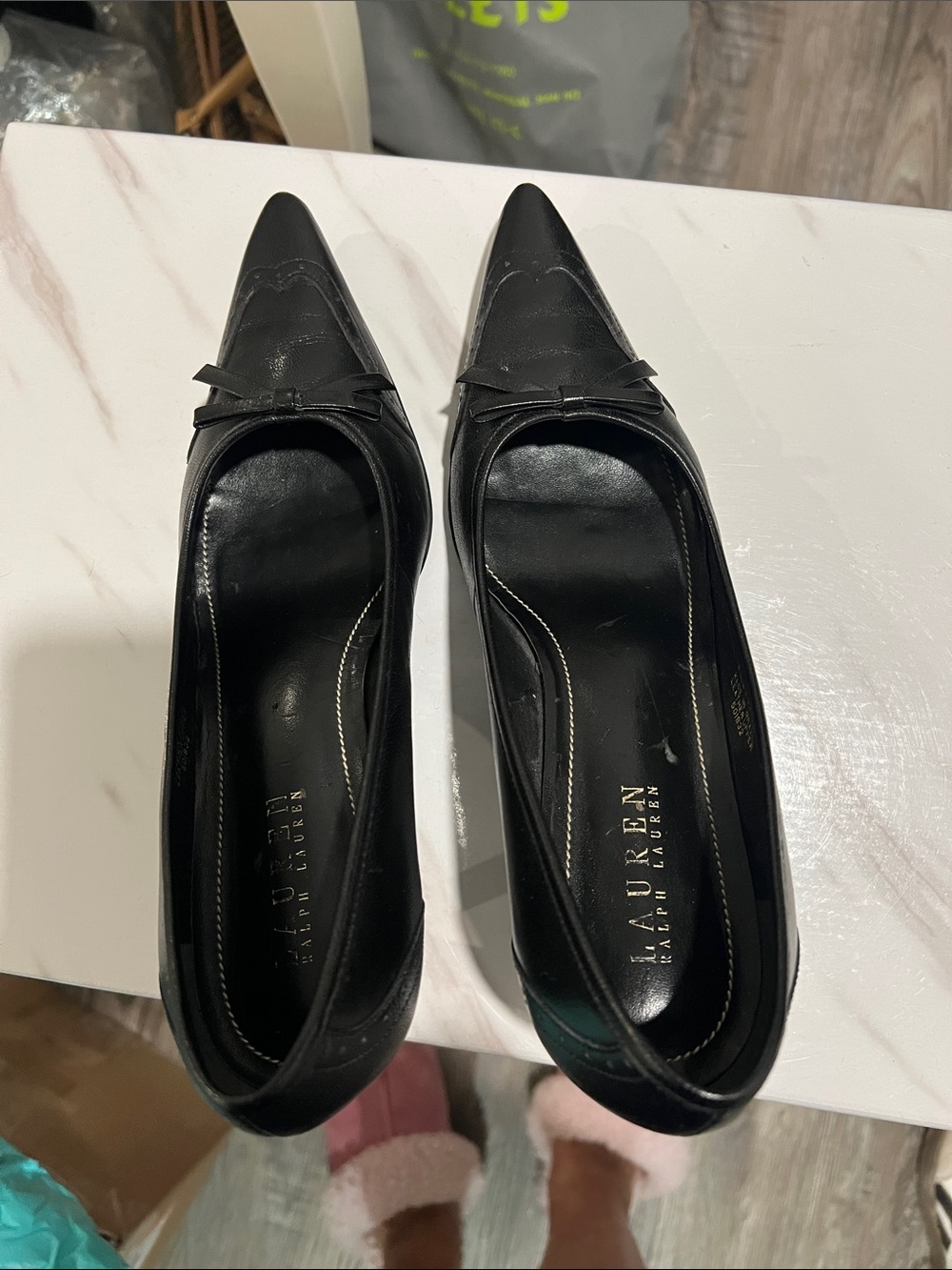 Ralph Lauren Black Pointed-Toe Leather Flats with Bow Accent
